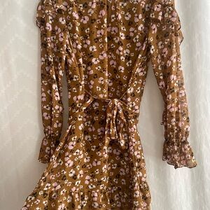 Who What Wear Brown and Pink Floral Long Sleeve Dress